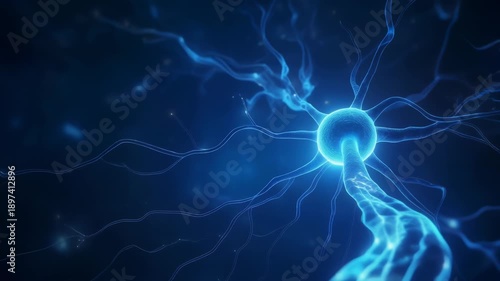 A neuron signaling process visualized through a glowing blue network of nerve fibers and sparks against a dark blue background, viewed from a close-up perspective as in neuron-signal-26.mp4