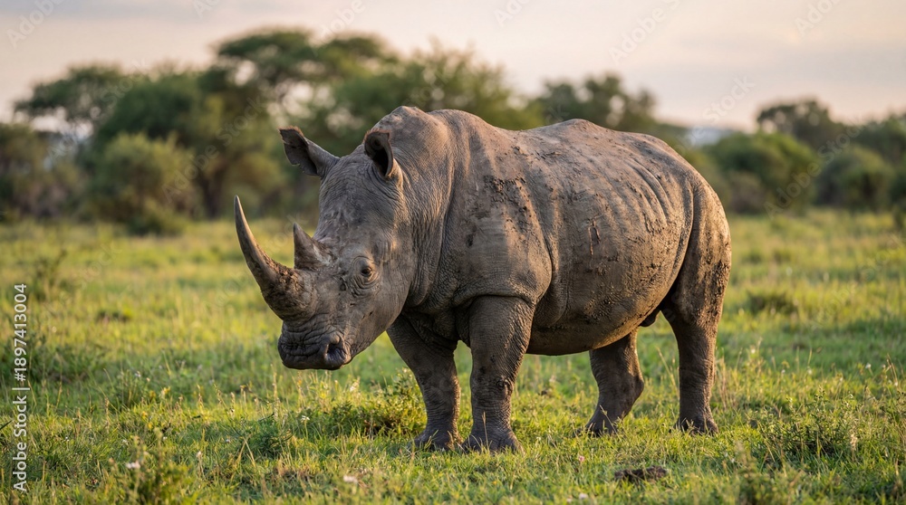 Fototapeta premium Powerful White Rhinoceros with Prominent Horns on Green Savanna, Symbolizing African Wildlife Conservation and Natural Heritage, Nature, Safari, Ecology