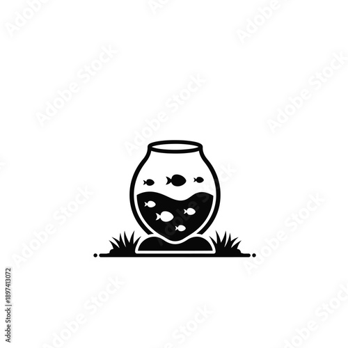 Charming round glass fishbowl filled with water and several small fish, surrounded by decorative grass, presented on a white background