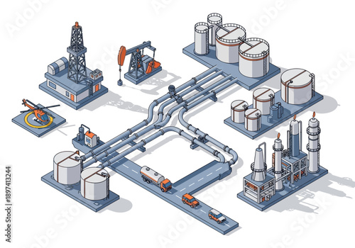 Isometric view of an oil and gas industry complex with drilling rigs, pumps, storage tanks, and pipelines