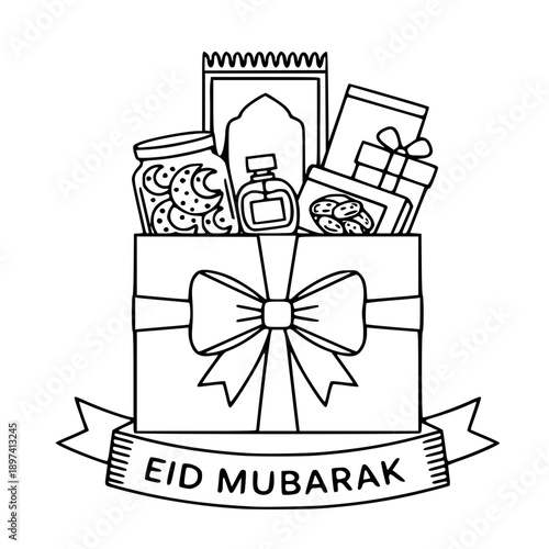 Eid Mubarak Gift Box and Ramadan Hamper Illustration, Traditional Islamic Parcel with Cookies and Fragrance, Celebration Present Line Art