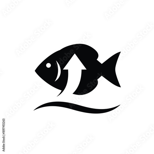 Fish jump over water vector icon logo, black silhouette of jumping fish above wavy surface, seafood market sign, fishing industry symbol