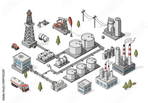 Industrial oil and gas refinery complex with processing equipment and storage tanks, illustrative graphic