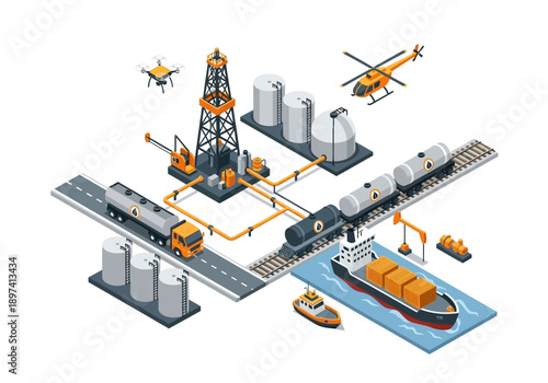 Oil and gas industry isometric illustration depicting exploration, production, storage, and transportation