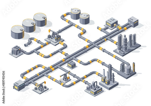 Industrial Oil and Gas Extraction and Processing Complex with Pipelines and Storage Tanks