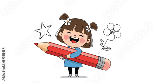 Happy young girl holding giant red pencil illustration vector