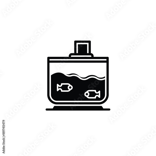Aquarium fish tank icon design featuring two small fishes swimming in water with top filter system and solid base stand black and white minimalist flat vector illustration for pet store or hobby