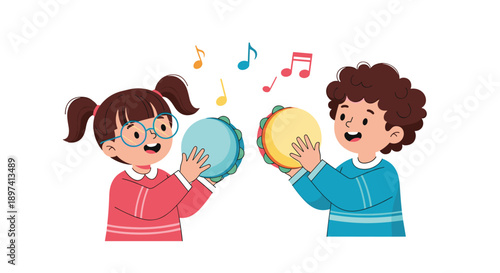 Children playing tambourine and singing music notes cartoon vector