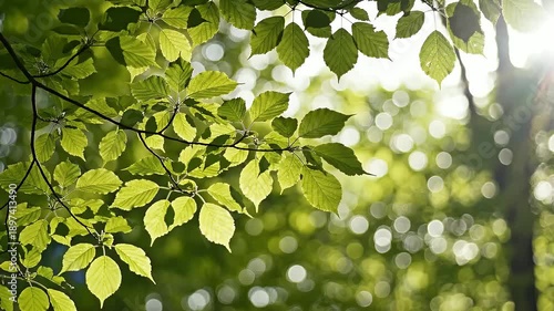 Vibrant green leaves bathed in natural sunlight, showcasing the serene beauty of a peaceful forest canopy on a bright day