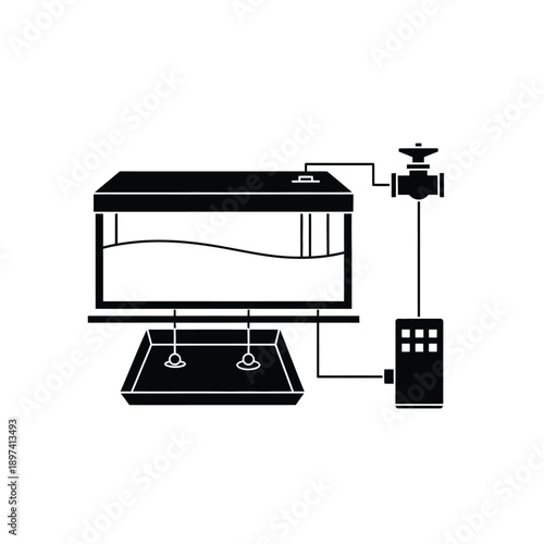 Aquarium filtration system with water tank, filter, pump, and drainage tray, aquaponics setup, water purification, plumbing.