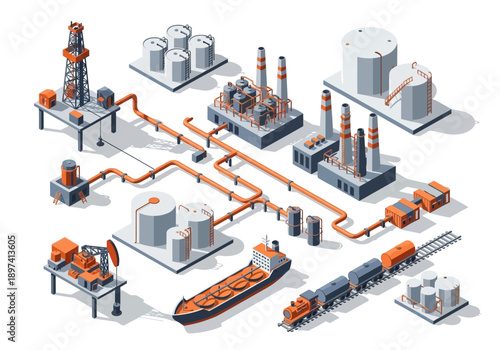 Industrial oil and gas extraction, transportation, and refining complex with offshore platform and refinery
