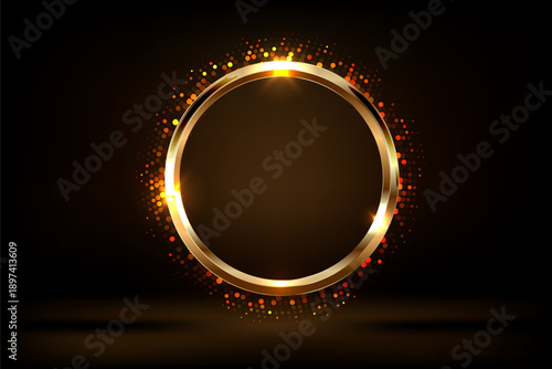 Gold circle frame. Golden award. Badge 3d vector realistic illustration.