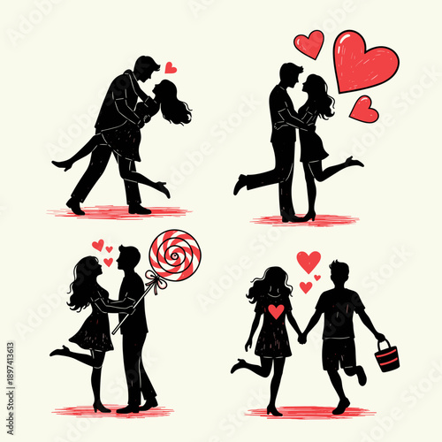 Cute Cartoon Valentines Couple with Hearts