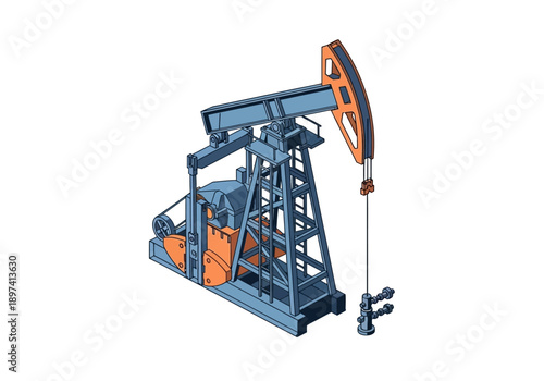 Industrial oil pump jack on a white background with blue and orange metalwork