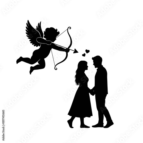 Cupid Aiming Arrow at Romantic Couple