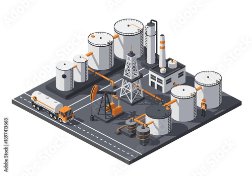 Industrial Oil Production and Storage Facility with Pumpjack and Storage Tanks