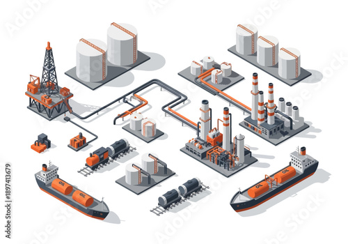 Industrial complex with oil rig, refinery, cargo ship, and train conveying oil