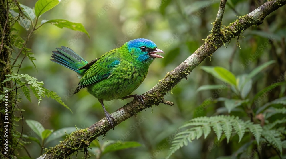 Obraz premium Vibrant Green and Blue Tropical Bird Perched on Mossy Branch, Symbolizing Lush Natures Biodiversity, Wildlife Photography, Eco tourism