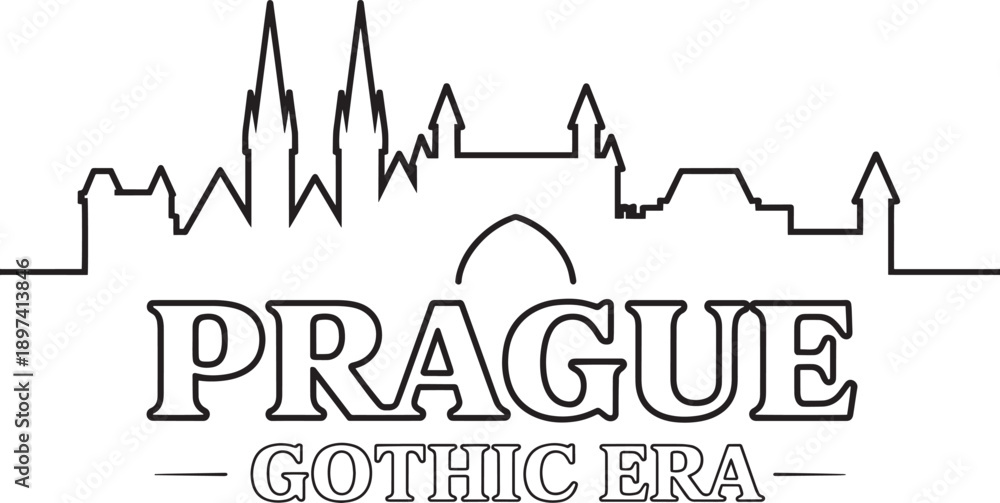 Fototapeta premium Gothic era Prague city skyline line art illustration with historic bridge and spires art