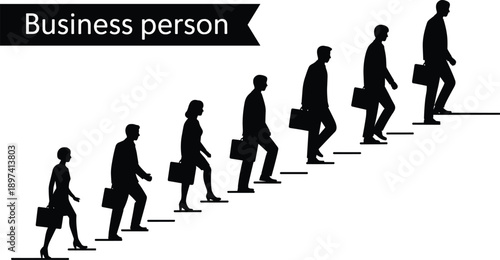 Business Person Silhouette – Black and White Illustration of Professionals Climbing Stairs with Briefcases Representing Career Progression, Ambition, and Corporate Success Journey