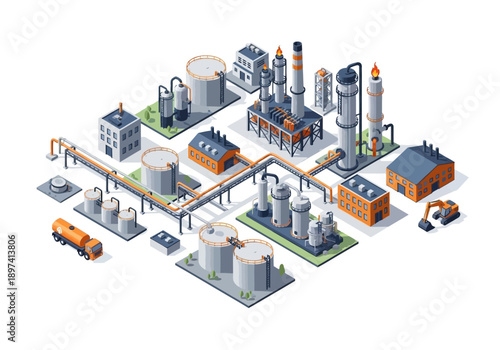 Industrial complex with chemical plant, storage tanks, and transport vehicles