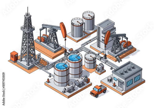 Oil extraction and processing industrial facility with pumpjacks, storage tanks, and drilling rig