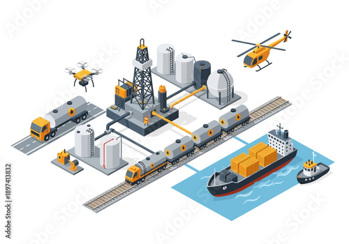 Industrial logistics and transportation network with oil refinery, train, ship, and drone