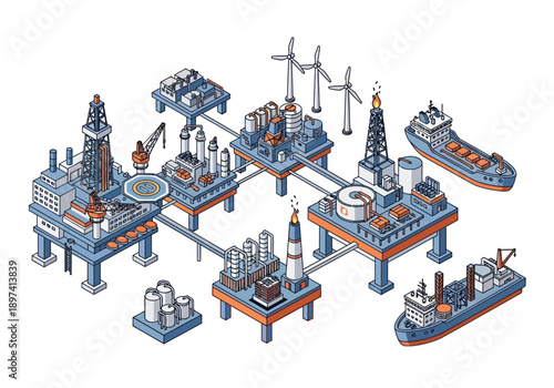 Offshore oil and gas extraction platforms and ships in a schematic illustration