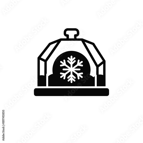 Black silhouette of a geodesic dome structure with a snowflake inside, symbolizing cold weather, frost, winter conditions, and protection against extreme temperatures for scientific or 