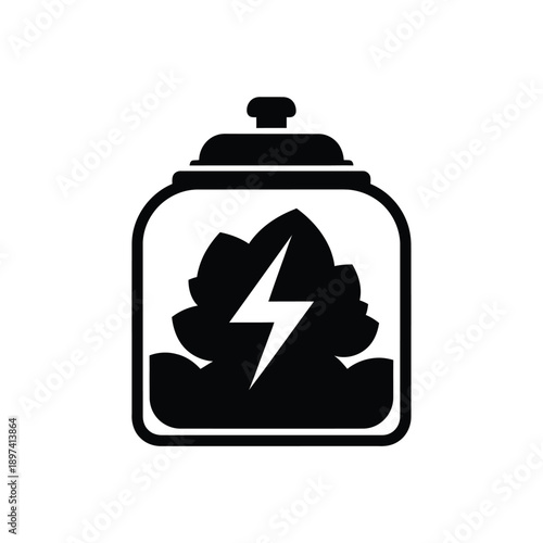 Sustainable bioenergy jar icon with electric lightning bolt symbol inside lush foliage representing renewable green power source and environmental technology silhouette flat vector illustration art