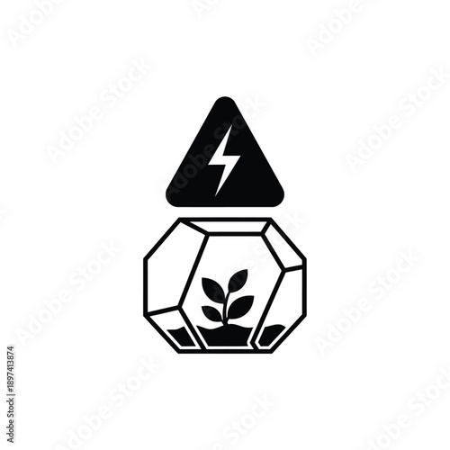 Geometric glass terrarium icon with green plant sprout inside and electric lightning bolt hazard symbol above it represent clean energy production and sustainable technology vector illustration art