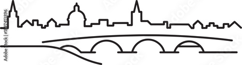Historical european city outline with old town bridge and cathedral spires in linear form