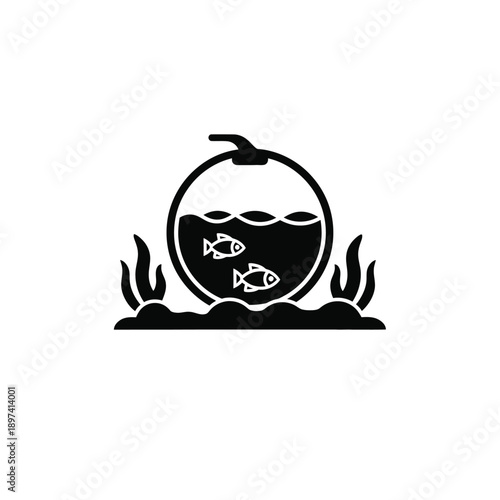 Fishbowl with two fish and underwater plants set on ground with green reeds, aquarium concept, pet care symbol, simple flat design.