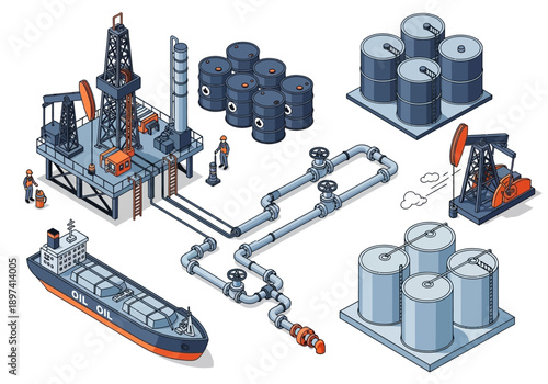 Industrial oil extraction and transportation infrastructure with drilling rigs and storage tanks