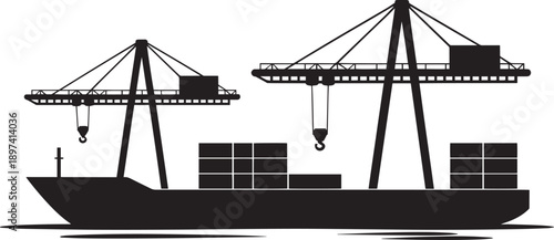 Industrial cargo port silhouette with container ship and heavy cranes for maritime freight