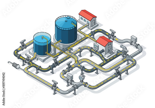 Industrial water treatment plant schematic with interconnected pipelines and storage tanks for purification processes