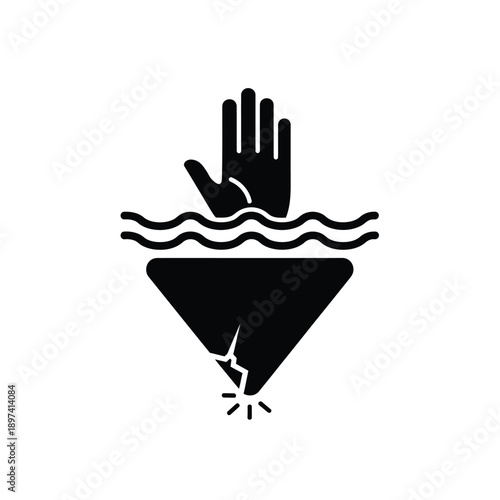 Drowning hand emerging from water surface with ice crack danger sign for winter safety warning symbol representing hypothermia risk frozen lake hazard emergency rescue situation help needed concept