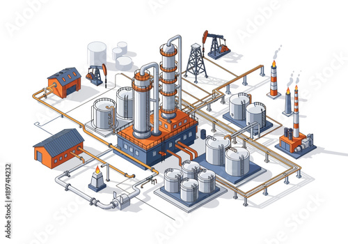 Industrial oil refinery complex with storage tanks and extraction pumps, illustration