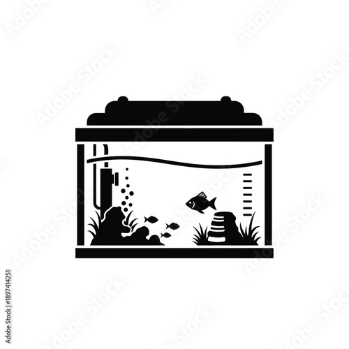 Aquarium with fish and bubbles icon black silhouette of fish tank for pet store design home interior decoration with water life and plants underwater landscape illustration for pet lovers website
