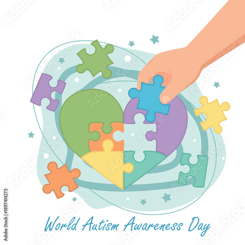 World Autism Awareness Day illustration with hand completing puzzle heart