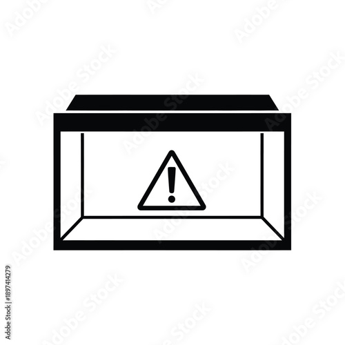 Empty glass tank with warning sign symbol black silhouette of terrarium or aquarium with exclamation mark inside triangle for safety instructions fragile object handling notice for logistics manual