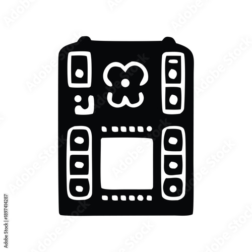 Stylized graphic illustration of a black and white electronic device with buttons and a screen