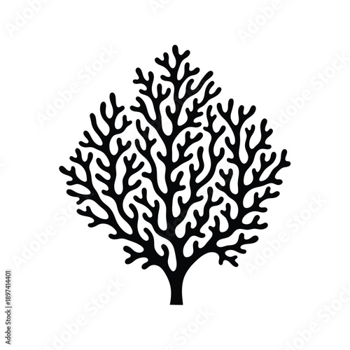 Coral silhouette icon, black and white vector illustration of branched reef structure for marine life and ocean ecosystem design, representing underwater biodiversity in simple minimalist style