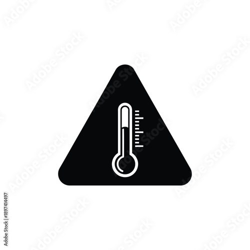 Black and white warning sign in a triangular shape, prominently featuring a thermometer icon to indicate high temperature or a heat related hazard