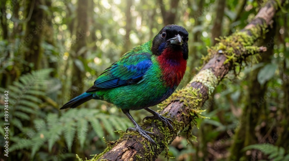 Obraz premium Vibrant Glistening green Tanager with Green, Blue, Red Plumage Perched on Mossy Branch, Symbolizing Tropical Wildlife, Biodiversity, Ecotourism