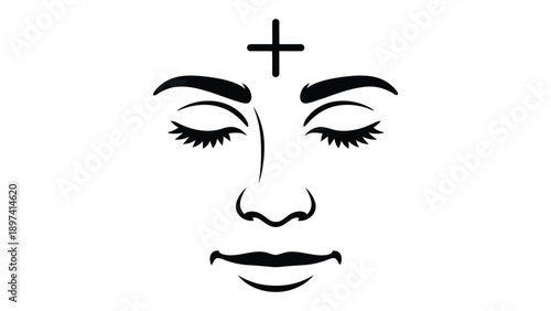 ash wednesday minimalist line art face with cross on forehead christian lent faith prayer and religious illustration