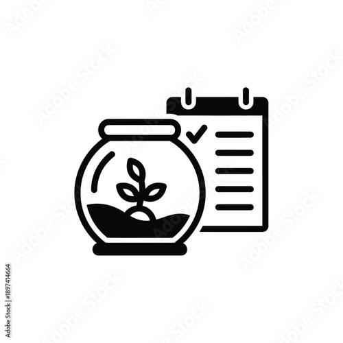 A captivating vector icon combining a glass jar with a small plant growing inside, alongside a checklist on a clipboard, symbolizing sustainable agriculture, growth monitoring, and environmental