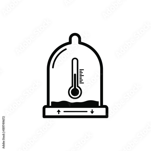 A clear vector icon illustrating a lab chamber containing a thermometer, with up and down arrows at the base, signifying temperature control, regulation, and monitoring in scientific experiments