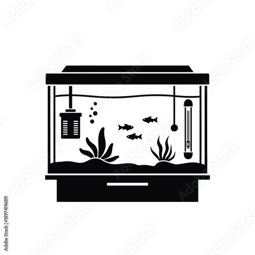 Aquarium with fish plants and equipment vector icon represents aquatic life underwater ecosystem home tank for pets decoration technology thermometer filter for water purification oxygen bubbles