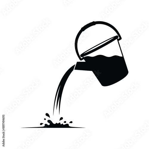 Bucket pouring water onto ground vector illustration symbol represents liquid spilling cleaning garden irrigation housework concept water flow splash droplets making puddle wet surface fluid motion